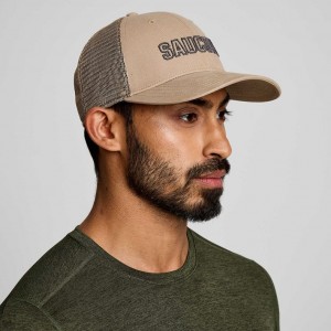 Beige Men's Saucony Adjustable Snap Back Trucker Hats | SG-NHUDR