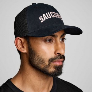 Black Men's Saucony Adjustable Snap Back Trucker Hats | SG-VSUZF