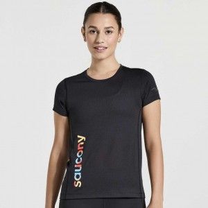 Black Women's Saucony Stopwatch Graphic Short Sleeve T-Shirt | SINGAPORE-DGIWN