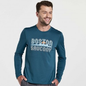 Blue Men's Saucony Stopwatch Graphic Long Sleeve T-Shirt | SG-IRUOD