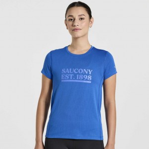 Blue Women's Saucony Stopwatch Graphic Short Sleeve T-Shirt | SG-CBMYT