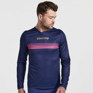 Navy Men's Saucony Elite Long Sleeve T-Shirt | SG-NKUWF