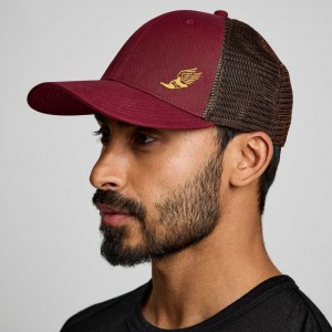 Red Men's Saucony Adjustable Snap Back Trucker Hats | SG-VZCFJ