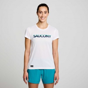 White Women's Saucony Stopwatch Graphic Short Sleeve T-Shirt | SINGAPORE-NDCWG