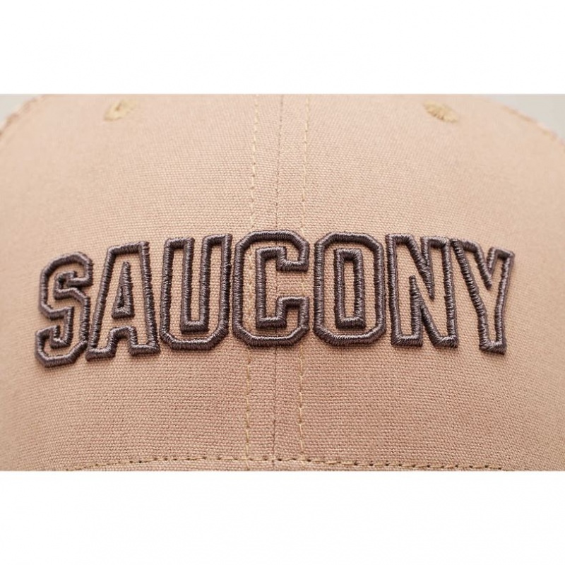 Beige Men's Saucony Adjustable Snap Back Trucker Hats | SG-NHUDR