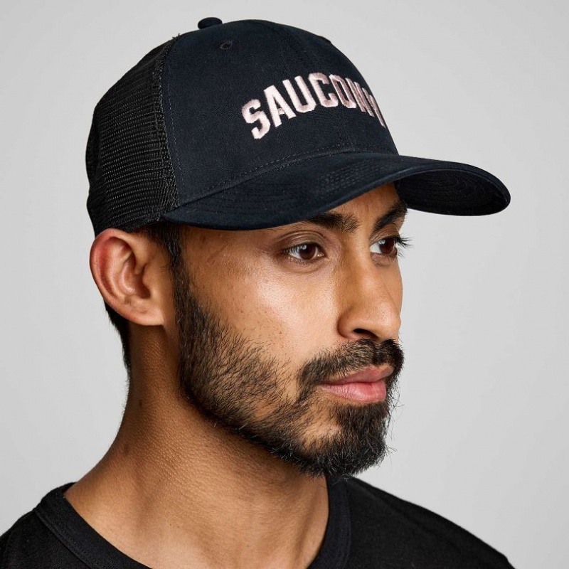 Black Men\'s Saucony Adjustable Snap Back Trucker Hats | SG-VSUZF