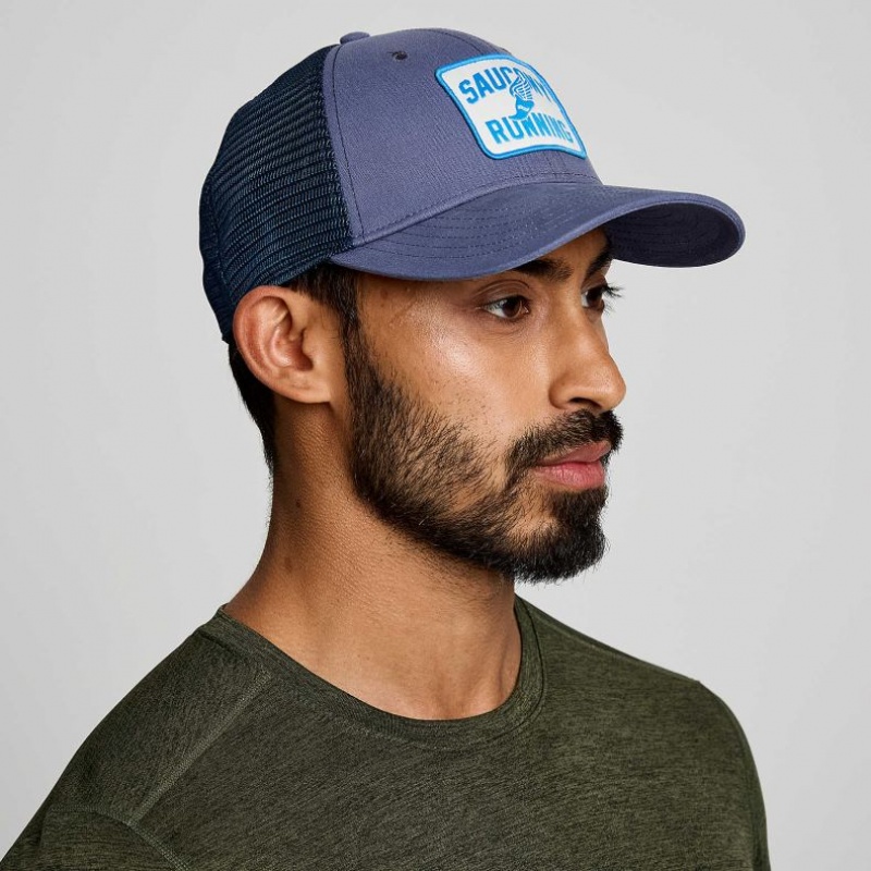 Blue Men\'s Saucony Adjustable Snap Back Trucker Hats | SINGAPORE-BFVNH