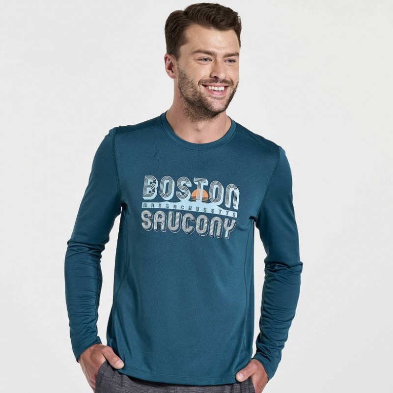 Blue Men\'s Saucony Stopwatch Graphic Long Sleeve T-Shirt | SG-IRUOD