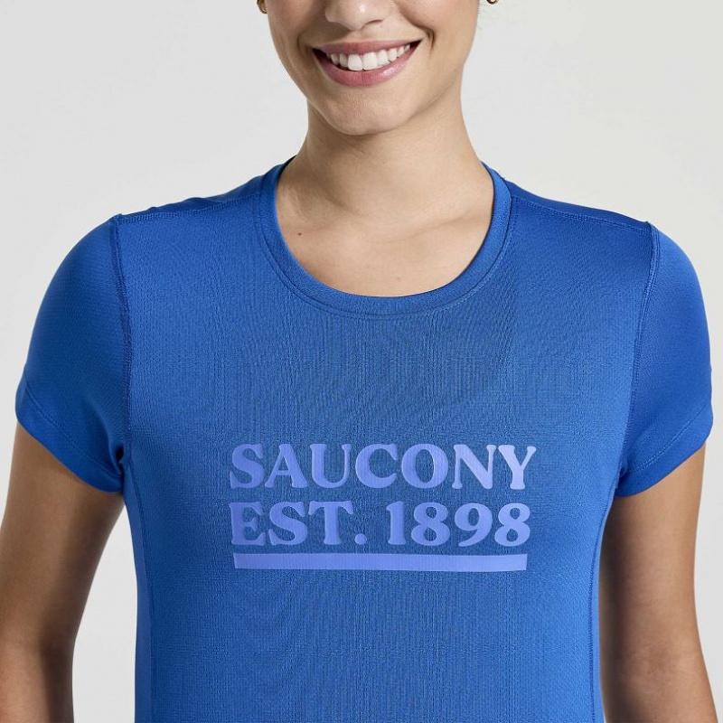 Blue Women's Saucony Stopwatch Graphic Short Sleeve T-Shirt | SG-CBMYT