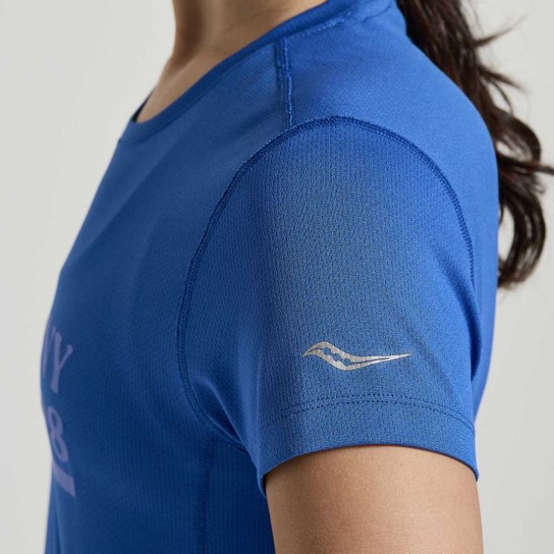 Blue Women's Saucony Stopwatch Graphic Short Sleeve T-Shirt | SG-CBMYT