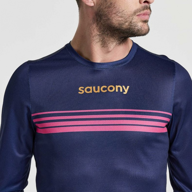 Navy Men's Saucony Elite Long Sleeve T-Shirt | SG-NKUWF