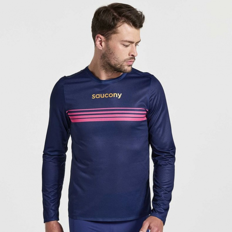 Navy Men\'s Saucony Elite Long Sleeve T-Shirt | SG-NKUWF