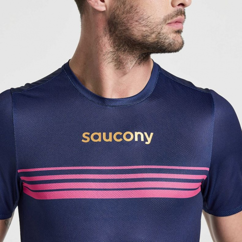 Navy Men's Saucony Elite Short Sleeve T-Shirt | SG-RBELV