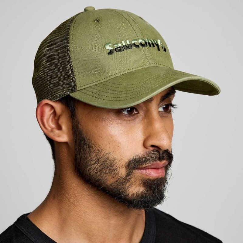 Olive Men\'s Saucony Adjustable Snap Back Trucker Hats | SG-WNSEY