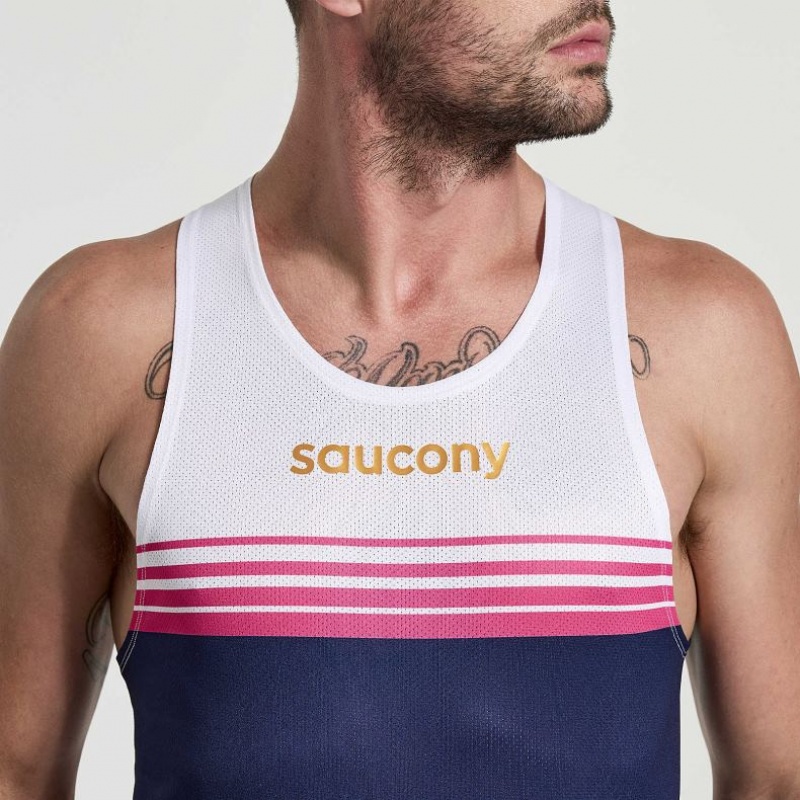 White / Navy Men's Saucony Elite Singlet | SG-IKWFL