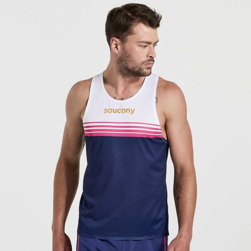 White / Navy Men\'s Saucony Elite Singlet | SG-IKWFL